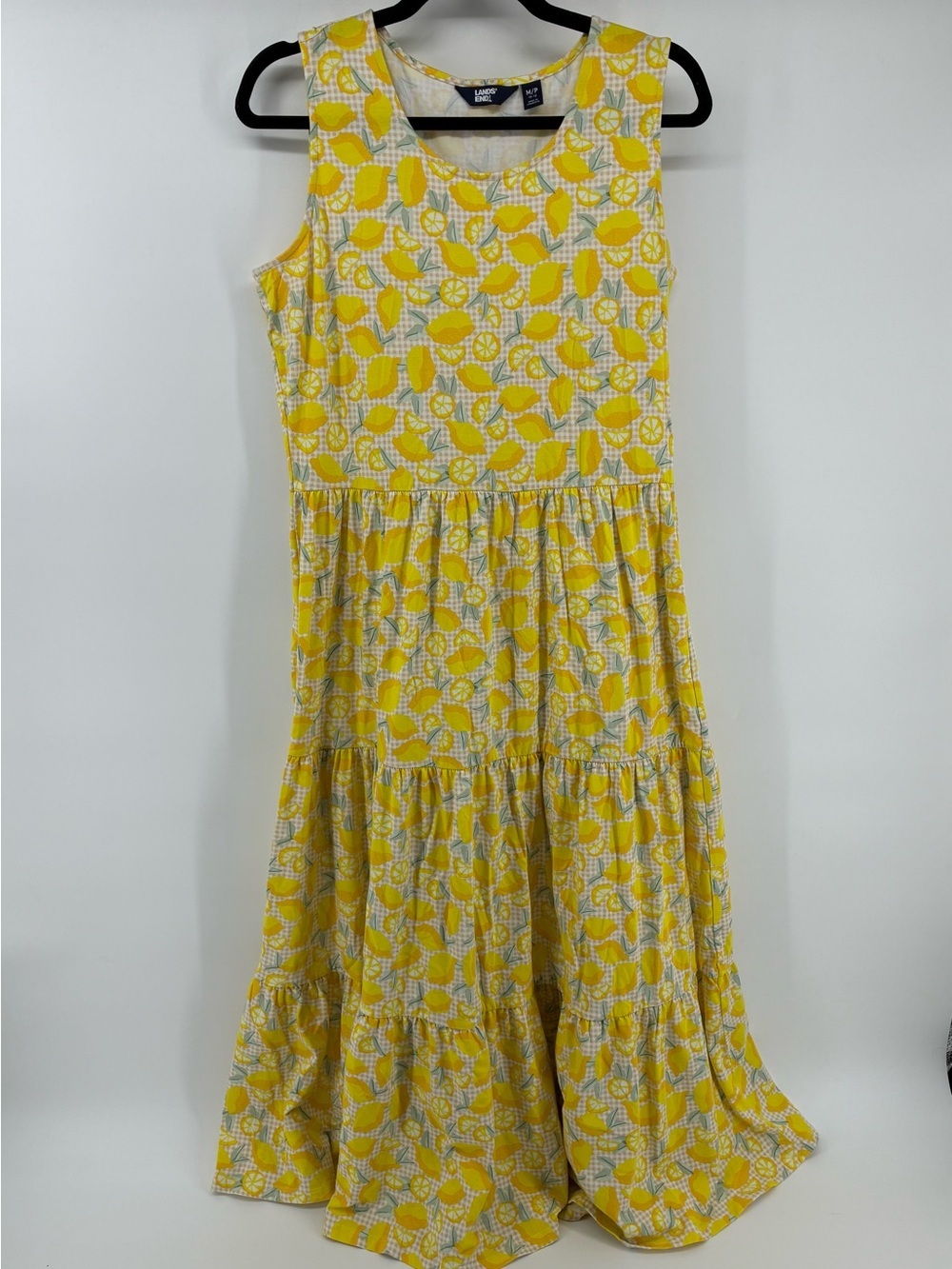 Lands' End Yellow Lemon-Print Sleeveless Tiered Maxi Dress